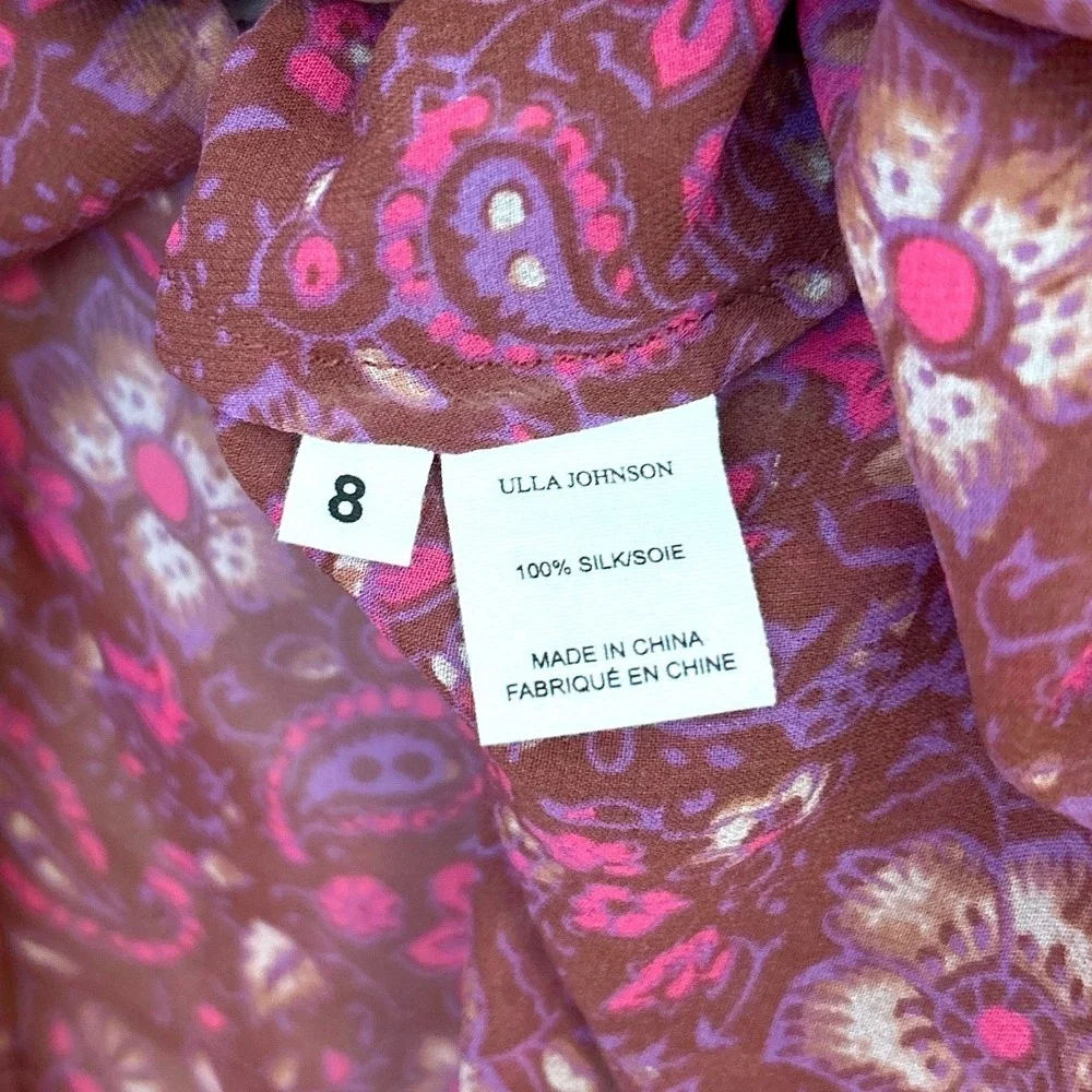 Ulla Johnson Renly Silk Paisley Floral Puff Sleeve Blouse Berry Purple Size 8
